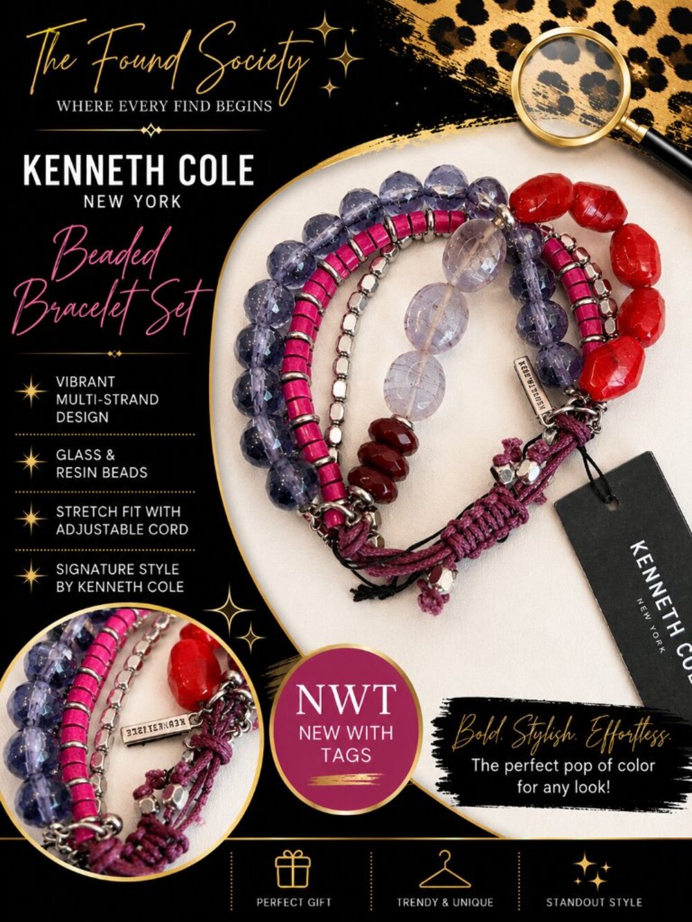 NWT Kenneth Cole New York Multi-Strand Beaded Bracelet Set Adjustable